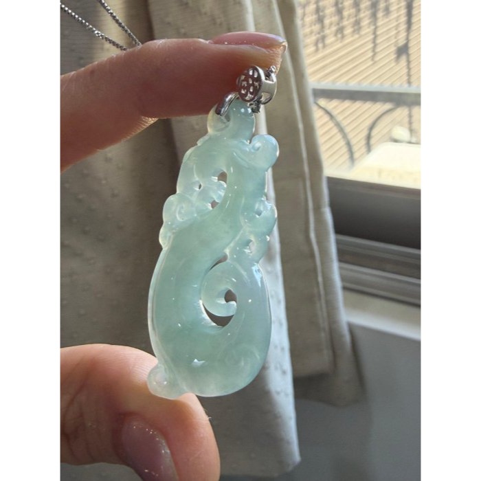 天然A貨緬甸玉 老坑藍綠鏤空雕龍騰如意翡翠龍牌 泛光冰膠底 起剛光滿底色 仿古龍 螭龍-細節圖3