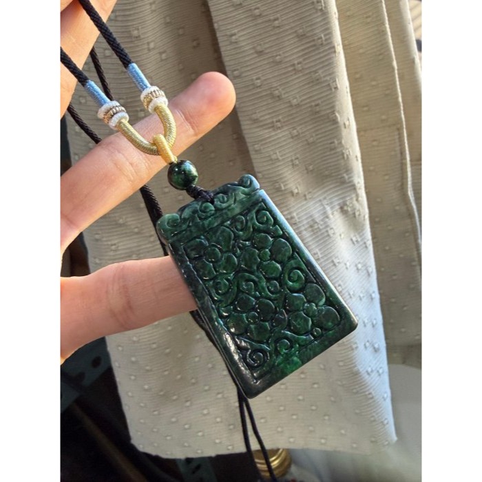天然A貨緬甸玉 油潤花青回紋無事牌翡翠玉牌 無砂眼 油潤有光澤 滿色綠底 牌形方正-細節圖3