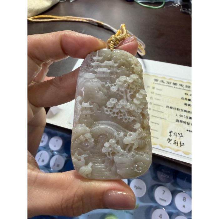 天然A貨緬甸玉 老坑梨黃漸變悠然自得翡翠山水牌 油亮冰芙蓉底庄 小橋流水.仙鶴.牧童.發財樹-細節圖9