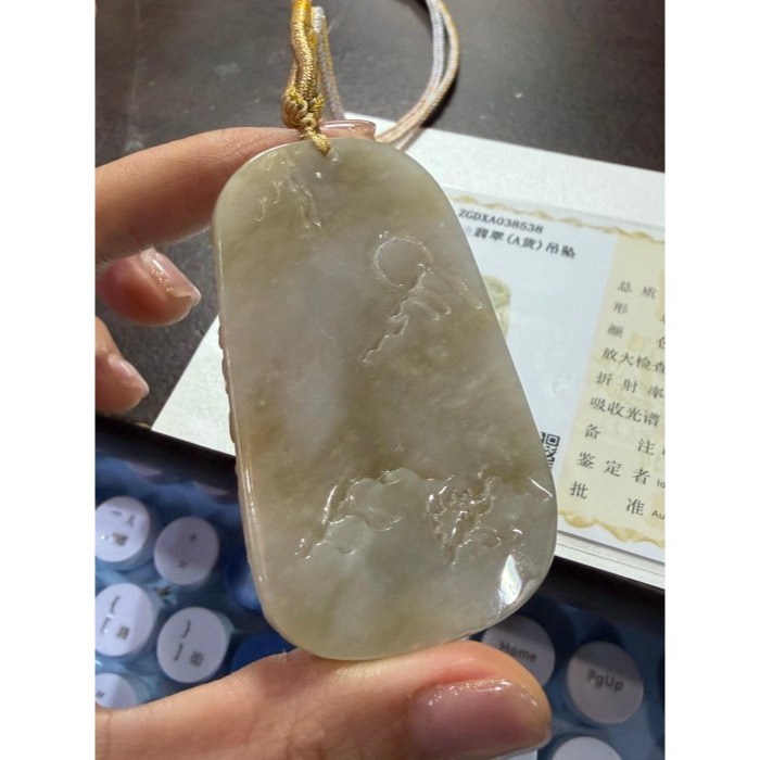 天然A貨緬甸玉 老坑梨黃漸變悠然自得翡翠山水牌 油亮冰芙蓉底庄 小橋流水.仙鶴.牧童.發財樹-細節圖10