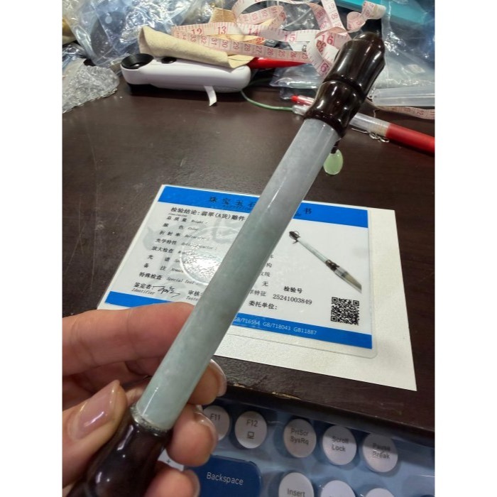 天然A貨緬甸玉 細潤飄花筆定乾坤翡翠玉毛筆 完美透光11咪粗桿 23公分長 6公分筆頭-細節圖9