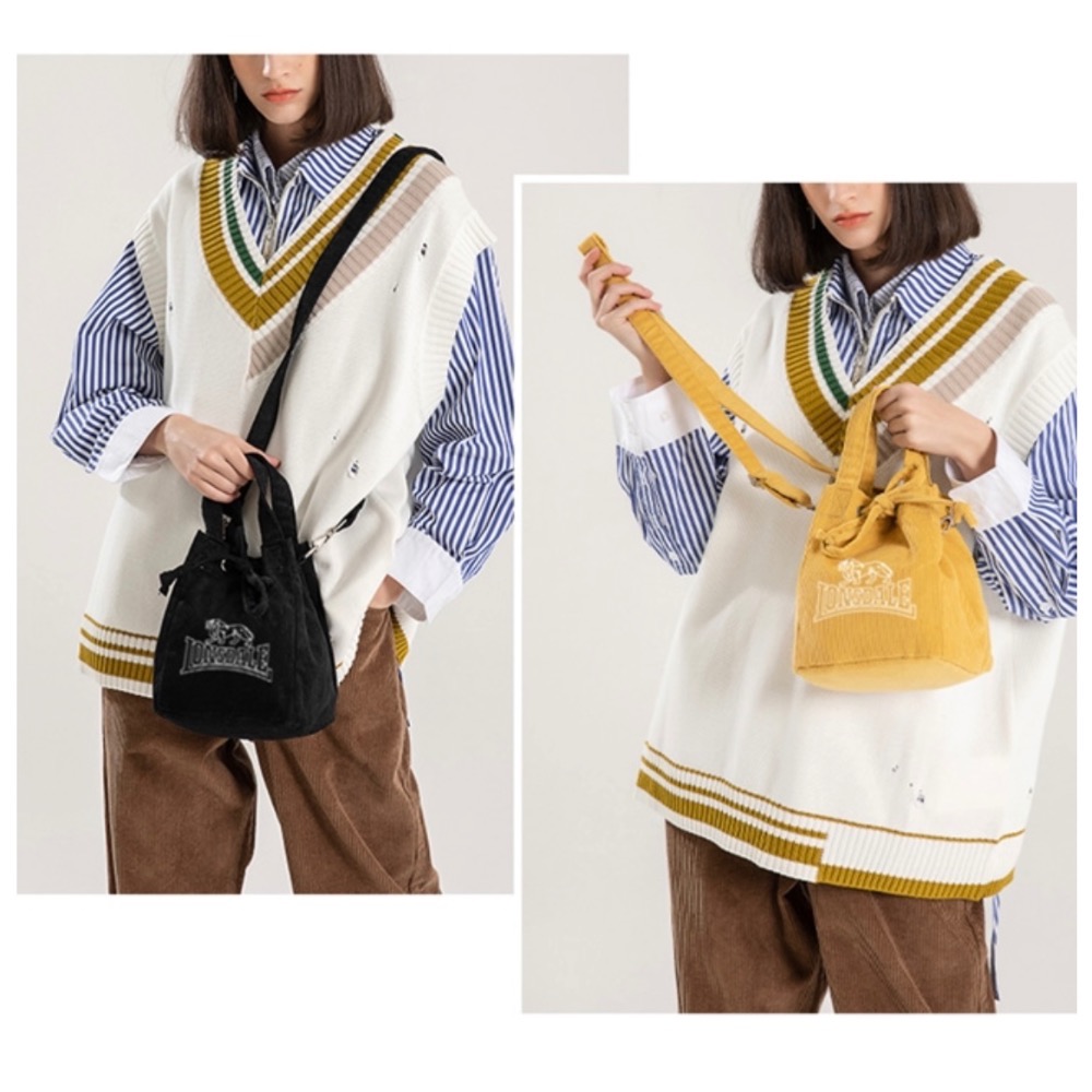 LONSDALE 英國小獅 文青休閒束口 水桶包 小包 手提包 肩背包 文青風 燈芯絨-細節圖8