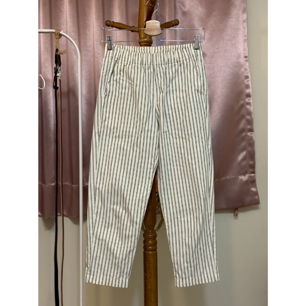 Uniqlo 純棉休閒褲 條紋褲 夏日 文青風 細條紋 鬆緊長褲 長褲 女長褲 舒適棉質休閒褲 九分褲-細節圖2
