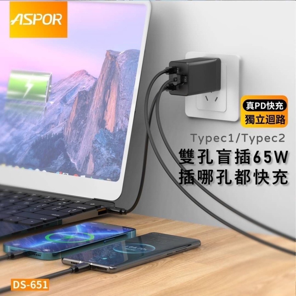 ASPOR-65W氮化鎵GaN摺疊插腳QC真PD獨立迴路快充/充電器PD蘋果快充旅充頭 雙孔USB*1Type-C*2-細節圖5