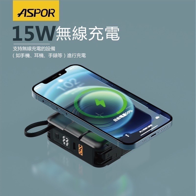 ASPOR A338超級萬能行動充 10000mAh MagSafe無線充電+自帶線行動電源+數顯充電頭PD快充五合一-細節圖3