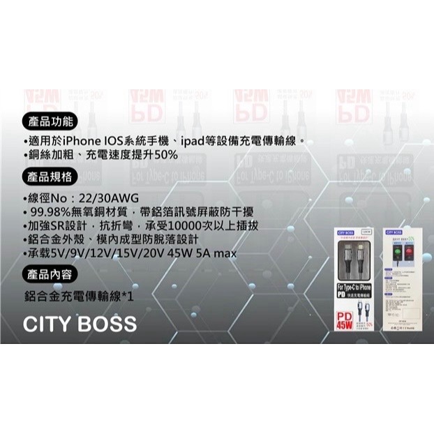 丞皇3C - CITY BOSS SR加強耐彎折 鋁合金充電傳輸線 45W快充線1.2M 2M 適用IPHONE15灰色-細節圖3