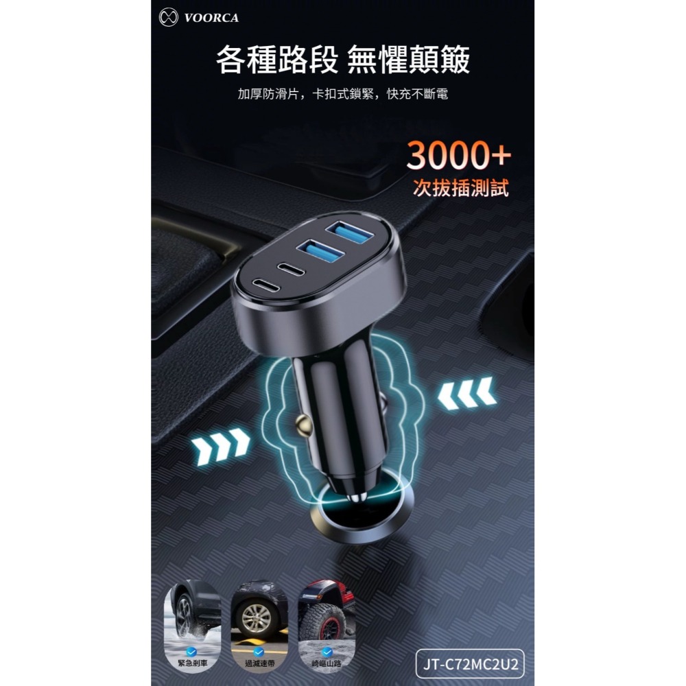 丞皇3C - VOORCA 72W速充型車用充電器 Type-C/USB-A 4孔車充頭(PD+QC多協議快充)-細節圖4