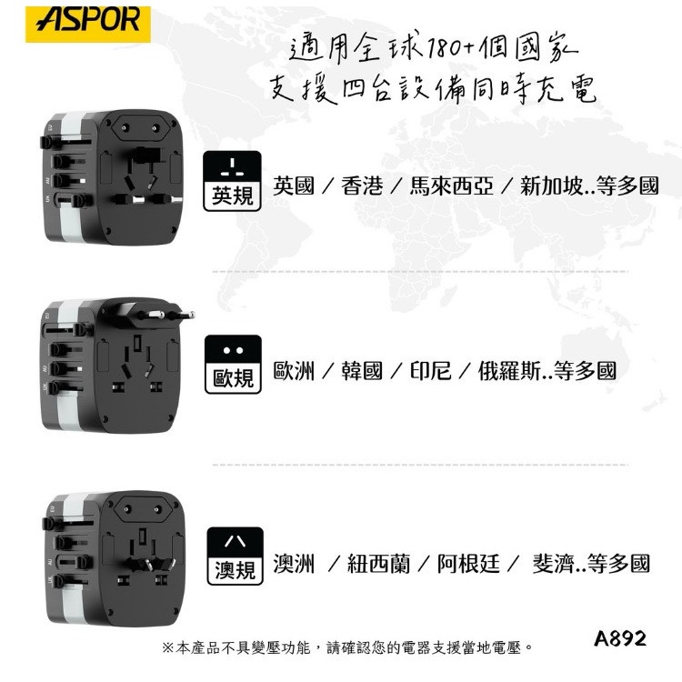 丞皇3C - ASPOR A892   20W氮化鎵萬國旅行轉接頭-細節圖2