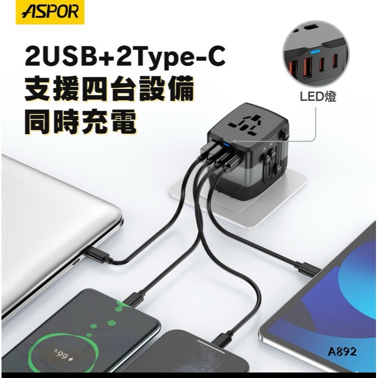 丞皇3C - ASPOR A892   20W氮化鎵萬國旅行轉接頭-細節圖3