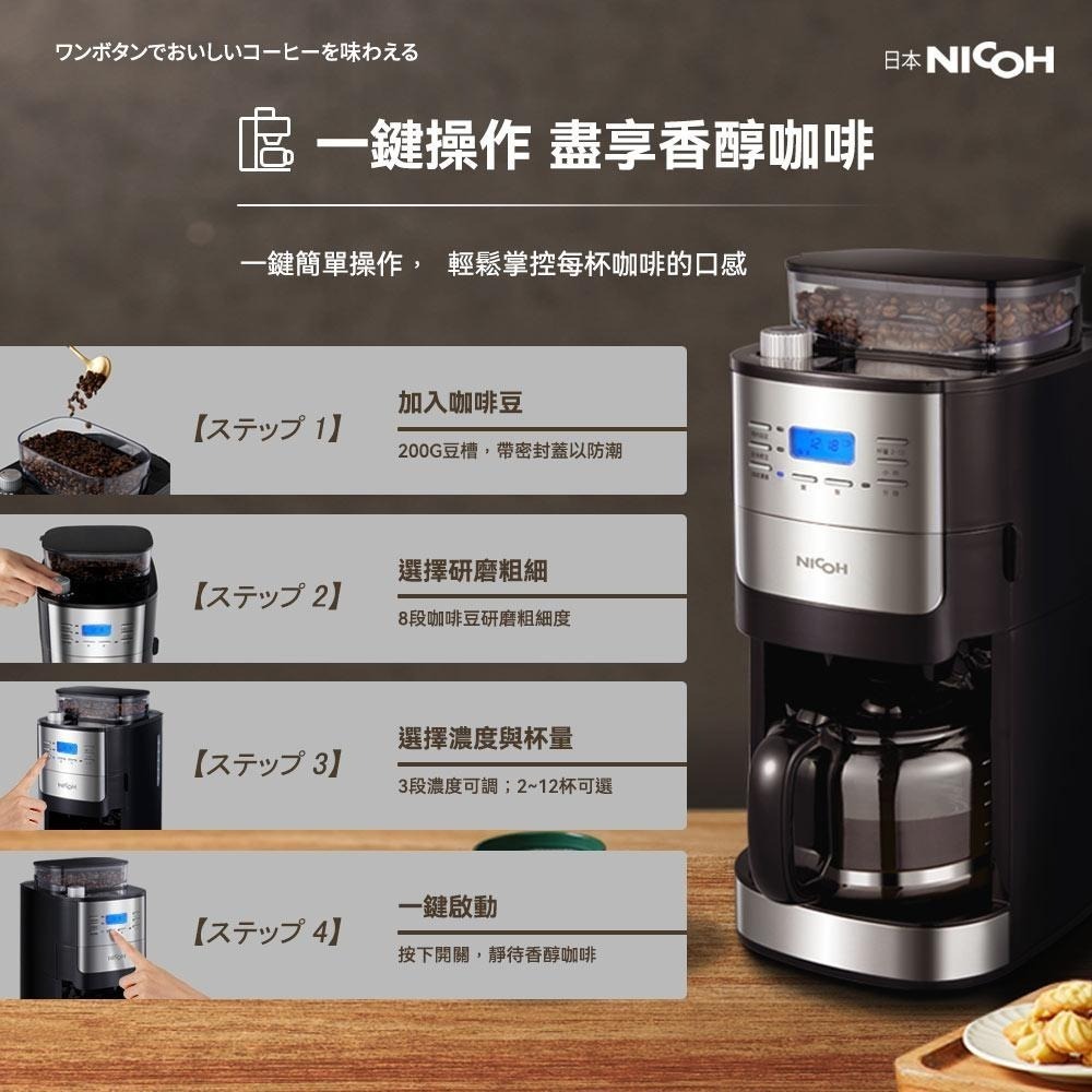 日本【NICOH】美式 全自動錐刀研磨咖啡機 2~12杯 NK-C012-細節圖3