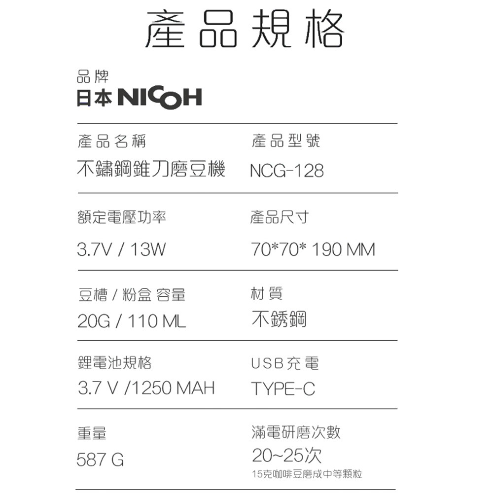 新發售 現貨 NICOH USB不鏽鋼錐刀電動磨豆機 NCG-128-細節圖8