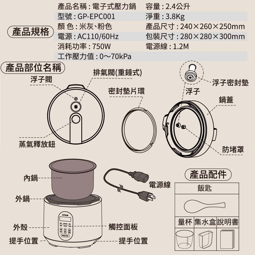 GPLUS 微電腦多功能壓力鍋 GP-EPC001 粉色/米灰色-細節圖11