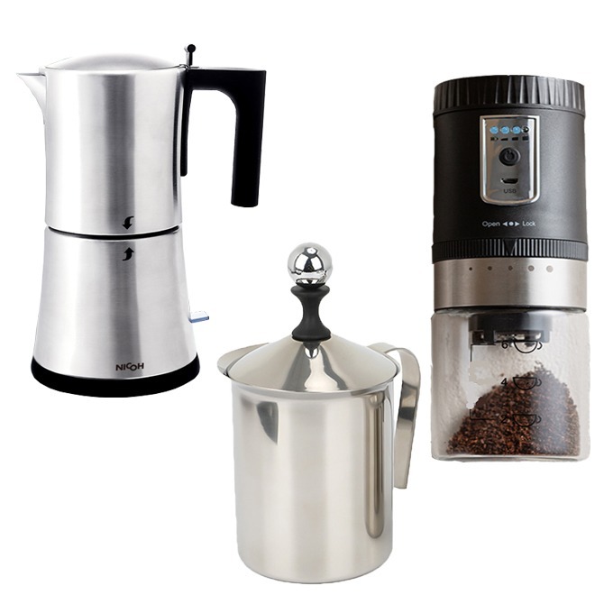 摩卡壺+電動磨豆機+雙層奶泡壺
