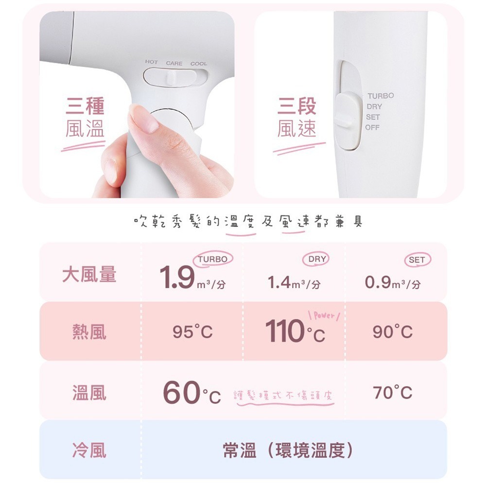 公司保固 TESCOM 輕巧大風量1.9㎥/分吹風機 TD550A TD550ATW(白色)-細節圖5