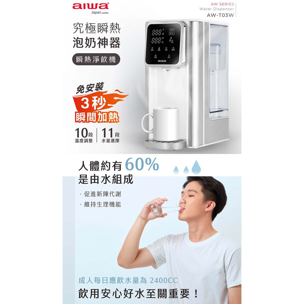 公司貨【AIWA 愛華】AW-T03W 3L免安裝銀天使瞬熱淨飲機 瞬熱機-細節圖2