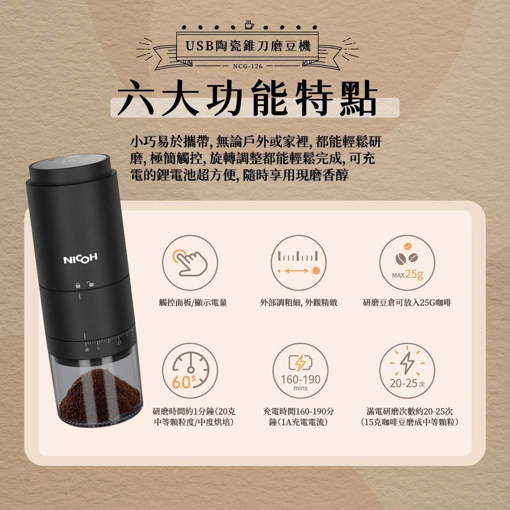 日本NICOH USB陶瓷錐刀電動磨豆機 NCG-126 加贈~原木清潔刷-細節圖2