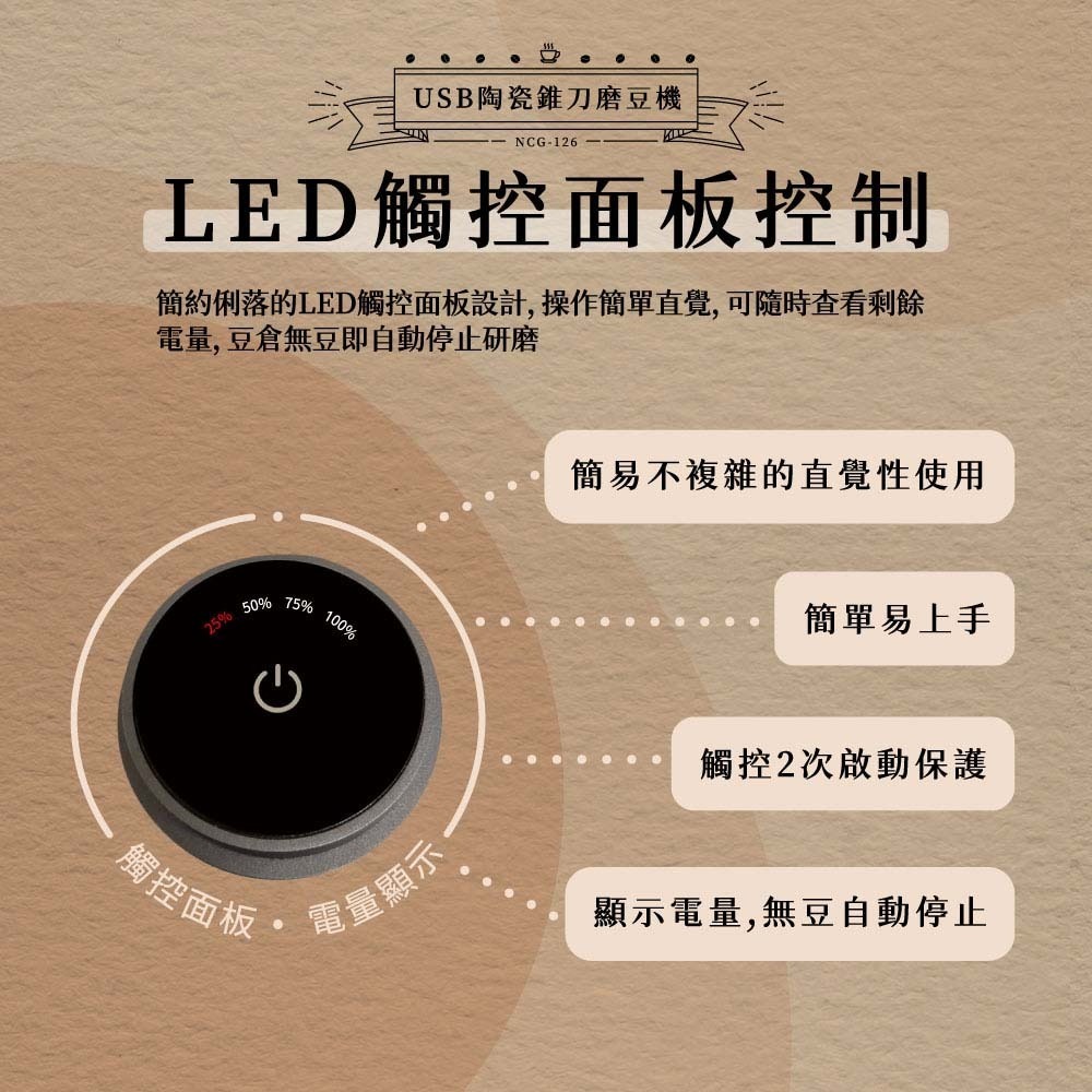 日本NICOH USB陶瓷錐刀電動磨豆機 NCG-126 加贈~原木清潔刷-細節圖3