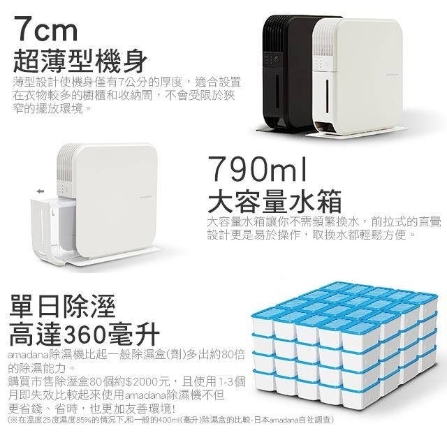 可超取 日本 amadana 櫥櫃用除溼機 HD-144T 7公分超薄機身 790ml水箱 TiO2光觸媒濾網 無壓縮機-細節圖3