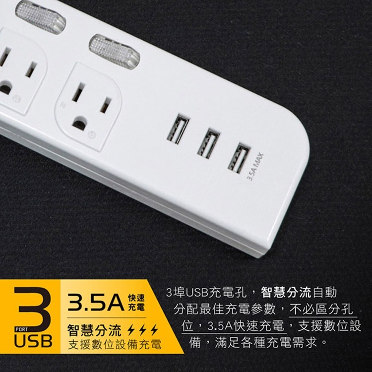 KINYO耐嘉 CGU333 3開3插+3USB延長線 6尺/9尺 3孔 3P延長線 電腦 電源插座 L型平貼式插頭-細節圖4