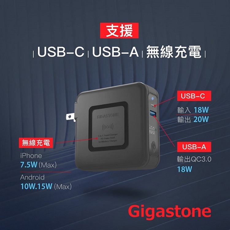 Gigastone 立達 QP-10200B 4合1 Qi無線旅充行動電源 10000mAh Type-C 快充 充電器-細節圖3