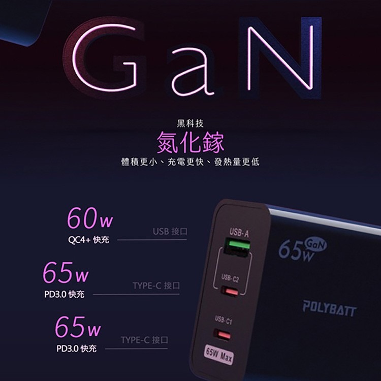 POLYBATT GaN 65W 氮化鎵口袋充電器 USB-C PD/QC快充 快速充電器 旅充頭 折疊插頭 電源供應器-細節圖2