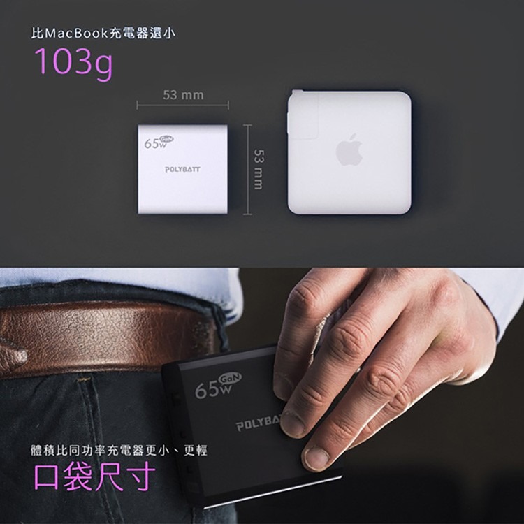 POLYBATT GaN 65W 氮化鎵口袋充電器 USB-C PD/QC快充 快速充電器 旅充頭 折疊插頭 電源供應器-細節圖6