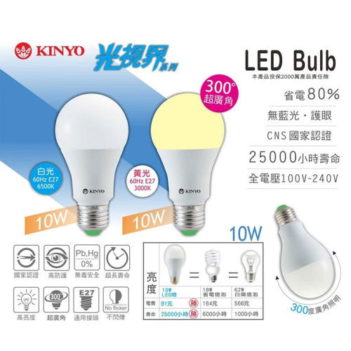 KINYO 耐嘉 HLED-10 LED燈泡 10W/超廣角/高防護/餐廳/辦公室/高亮度/護眼/不閃爍