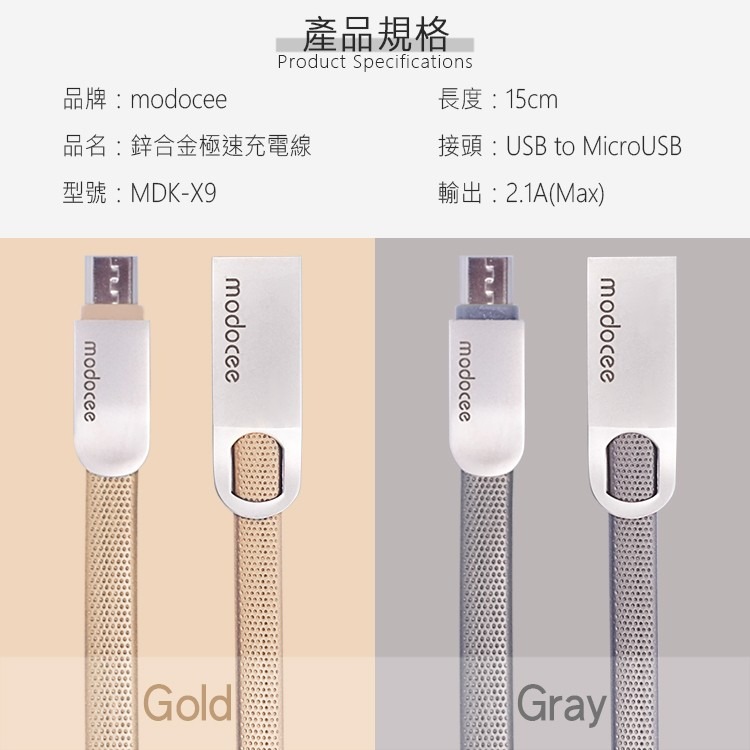 MODOCEE MDK-X9 Micro USB 鋅合金極速充電線/短版充電線/傳輸線/2.1A/快充線/閃充/V8線-細節圖4
