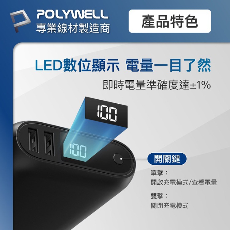 POLYWELL 寶利威爾 雙向快充行動電源 10000mAh 18W 雙USB Type-C 充電器 移動電源 隨身充-細節圖5