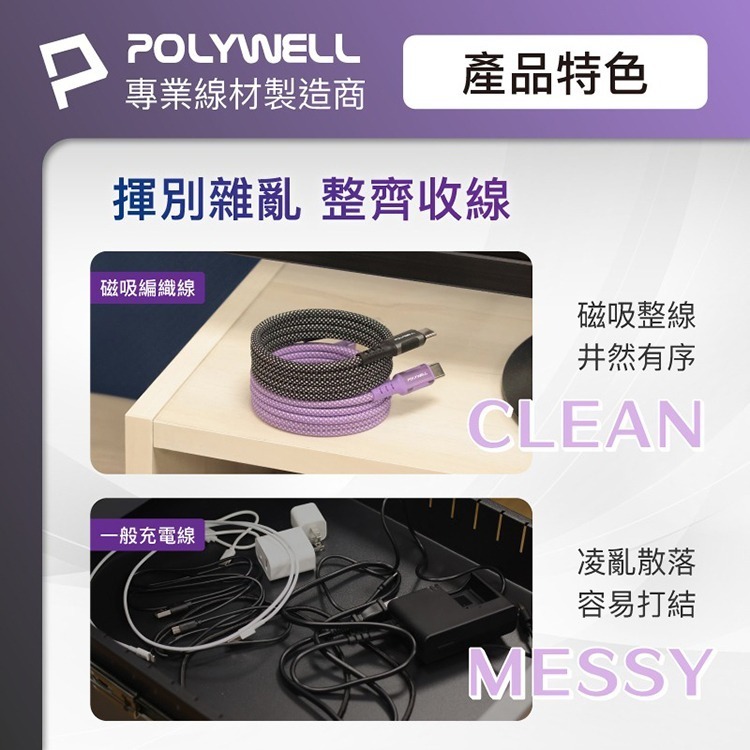 POLYWELL 寶利威爾 C To C 磁吸收納 PD快充線 鋁合金 編織線 磁吸充電線 適用 iPhone15 安卓-細節圖4