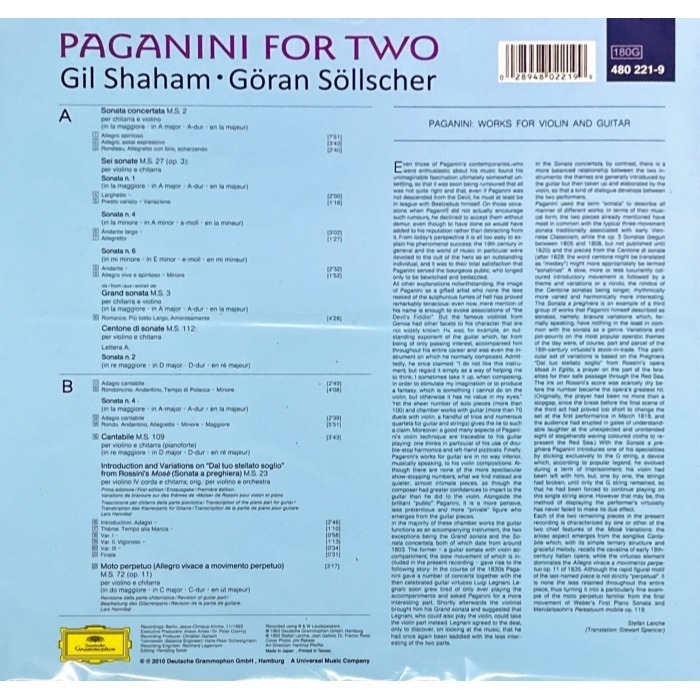 【Universal】帕格尼尼:小提琴與吉他二重奏(Gil Shaham夏漢,Sollscher索爾徹)(黑膠唱片)-細節圖2