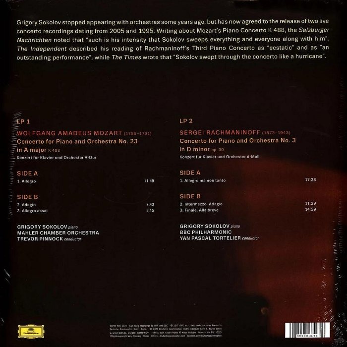 【DG】Grigory Sokolov索柯洛夫-莫札特,拉赫曼尼洛夫協奏曲(二張黑膠唱片)-細節圖2