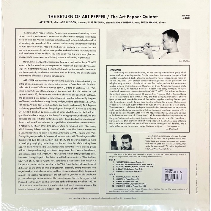 【Jazz Workshop預購】Art Pepper:The Return Of Art Pepper (黑膠唱片)-細節圖2