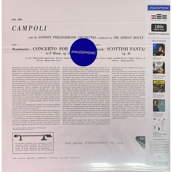 @【Analogphonic】孟德爾頌:小提琴協奏曲/布魯赫:蘇格蘭幻想曲(Alfredo Campoli)黑膠唱片-細節圖2