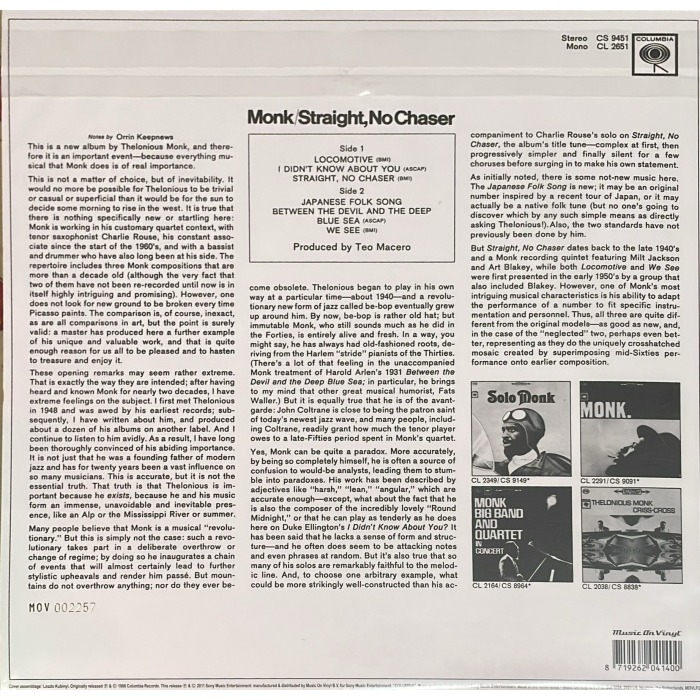 @【Music on Vinyl】Thelonious Monk : Straight, No Chaser水晶透明彩膠-細節圖2