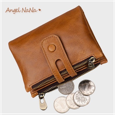 真皮短夾-復古牛皮雙拉鍊搭釦兩折男士皮夾皮包零錢包 Angelnana (SMA0255)