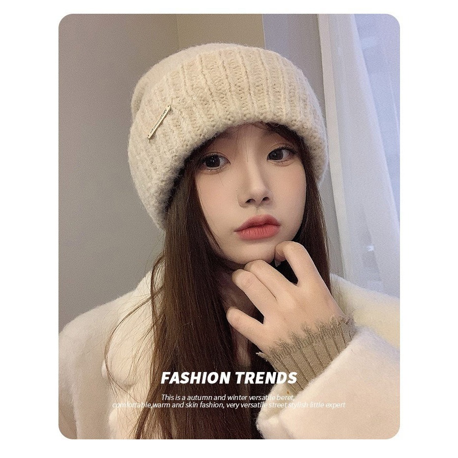 【AngelNaNa】毛帽-韓版保暖簡約金屬標大頭圍男女中性堆堆帽(SHA0021)-細節圖2