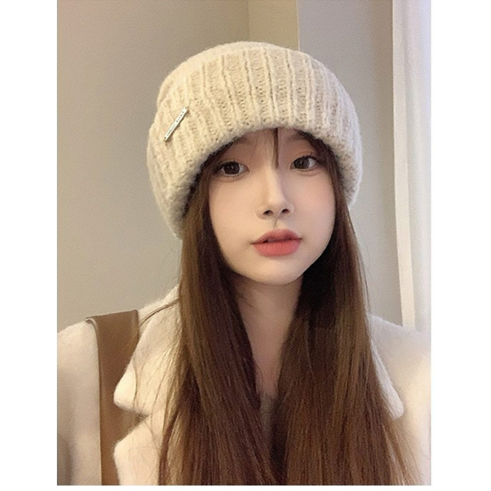 【AngelNaNa】毛帽-韓版保暖簡約金屬標大頭圍男女中性堆堆帽(SHA0021)-細節圖4
