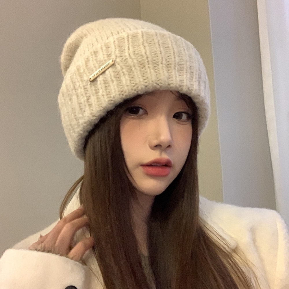 【AngelNaNa】毛帽-韓版保暖簡約金屬標大頭圍男女中性堆堆帽(SHA0021)-細節圖10