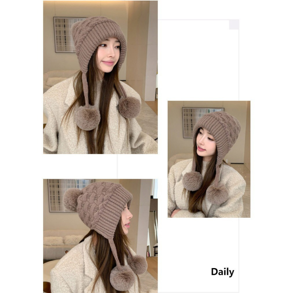 【AngelNaNa】加絨毛線帽-可愛三毛球大頭圍護耳加絨保暖麻花針織女毛帽(SHA0023)-細節圖2
