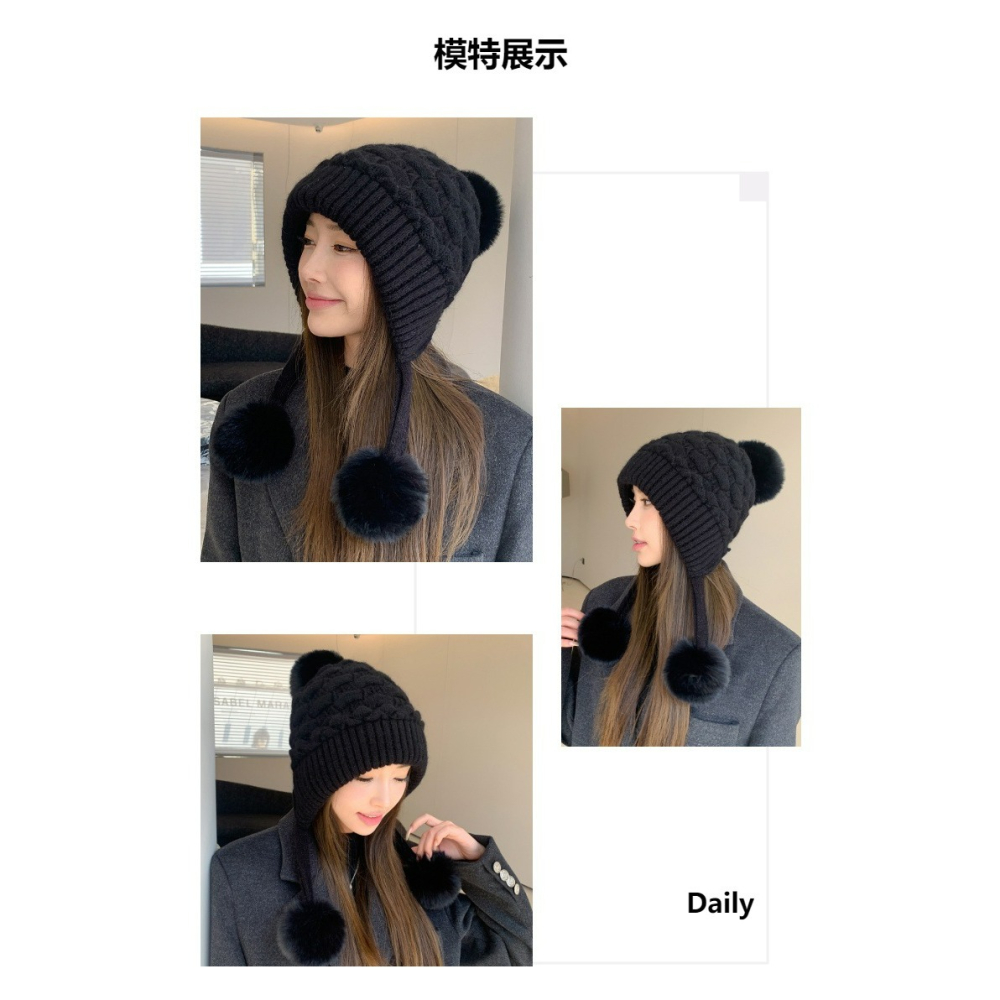 【AngelNaNa】加絨毛線帽-可愛三毛球大頭圍護耳加絨保暖麻花針織女毛帽(SHA0023)-細節圖3