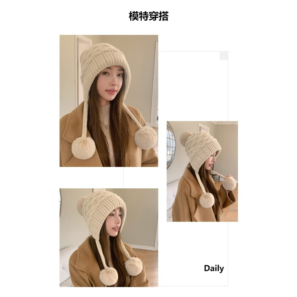 【AngelNaNa】加絨毛線帽-可愛三毛球大頭圍護耳加絨保暖麻花針織女毛帽(SHA0023)-細節圖4