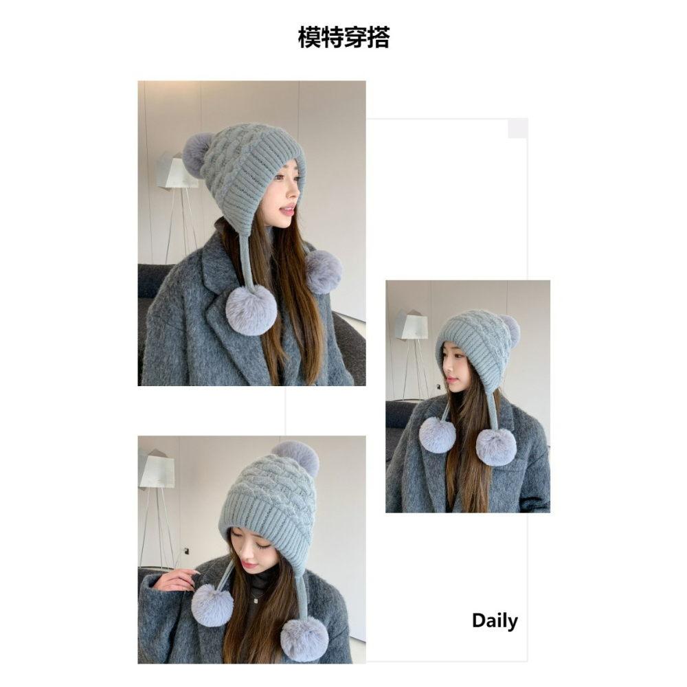 【AngelNaNa】加絨毛線帽-可愛三毛球大頭圍護耳加絨保暖麻花針織女毛帽(SHA0023)-細節圖5