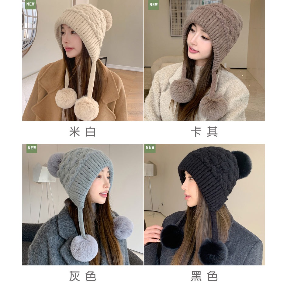 【AngelNaNa】加絨毛線帽-可愛三毛球大頭圍護耳加絨保暖麻花針織女毛帽(SHA0023)-細節圖8