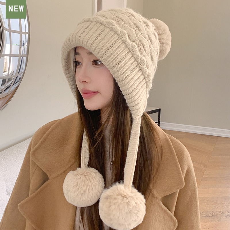 【AngelNaNa】加絨毛線帽-可愛三毛球大頭圍護耳加絨保暖麻花針織女毛帽(SHA0023)-規格圖8