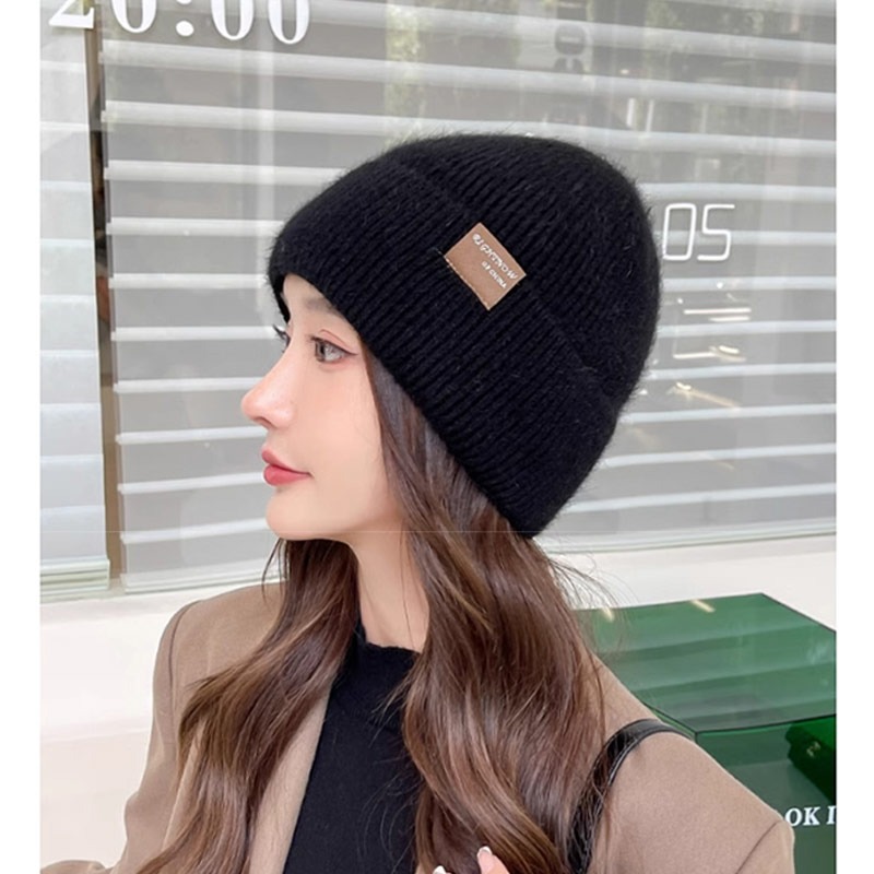 【AngelNaNa】加絨毛線帽-簡約布標加絨保暖針織女毛帽(SHA0024)-細節圖3