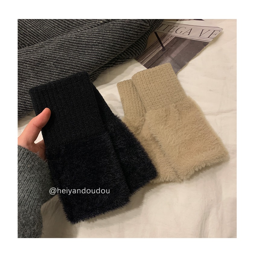 【AngelNaNa】露指手套-簡約加厚仿兔絨針織毛線保暖半指女手套(SHA0025)-細節圖2