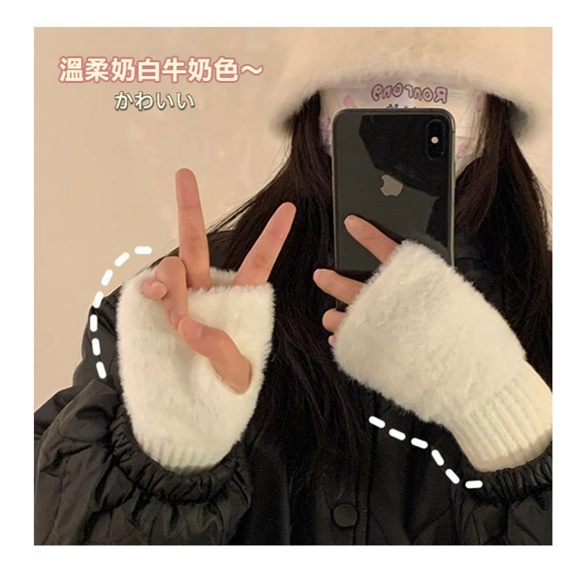 【AngelNaNa】露指手套-簡約加厚仿兔絨針織毛線保暖半指女手套(SHA0025)-細節圖6