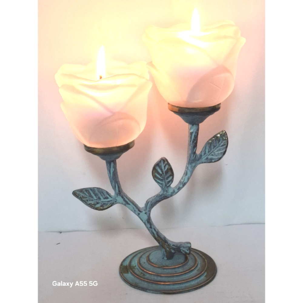 浪漫雙玫瑰花銅製蠟燭台居家生活擺飾-細節圖2