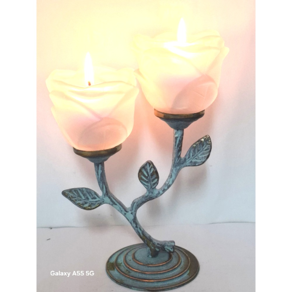 浪漫雙玫瑰花銅製蠟燭台居家生活擺飾-細節圖3